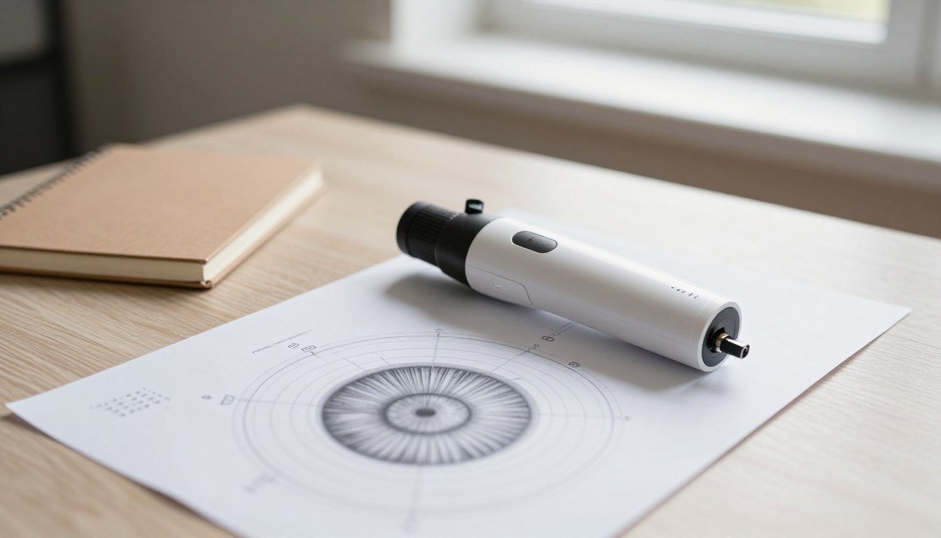 A professional iris inspection desk featuring an optical iriscope and a printed iris chart
